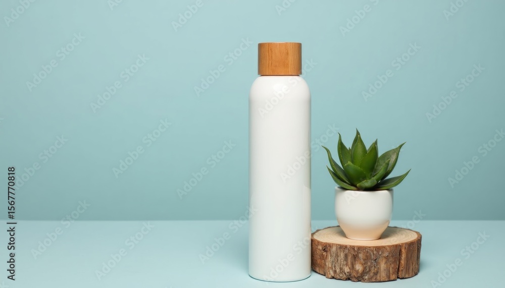 Modern White Water Bottle with Bamboo Lid and Plant Modern White Water Bottle with Bamboo Lid and Plant
