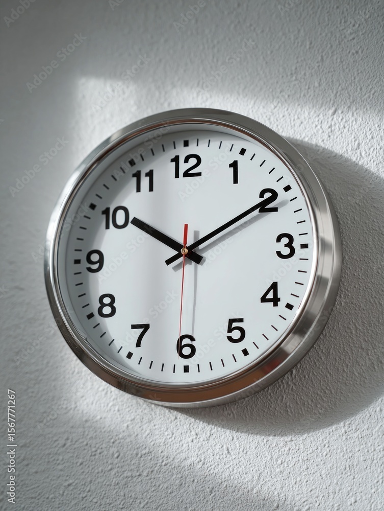 Modern wall clock showing time on white background Modern wall clock showing time on white background