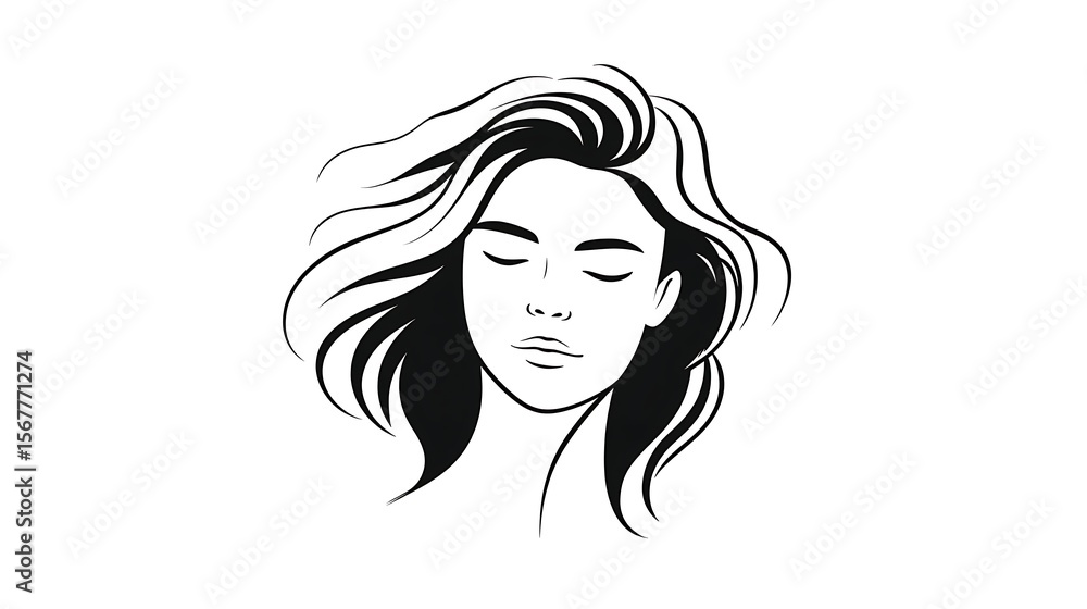 abstract one-line drawn woman�s face with flowing hair abstract one-line drawn woman�s face with flowing hair