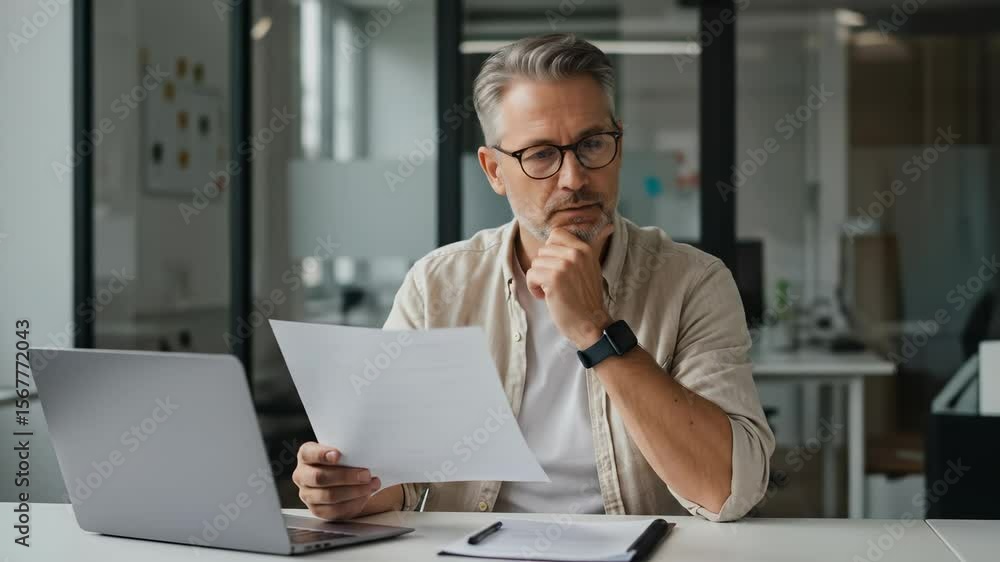 Professional adult man at work in the office, reading a business document, deeply focused and concentrating with thinking. Professional adult man at work in the office, reading a business document, deeply focused and concentrating with thinking.