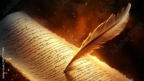 Ancient parchment scroll with feather quill on fiery background  
