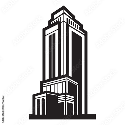 Black and white illustration of a tall modern high rise office building architecture