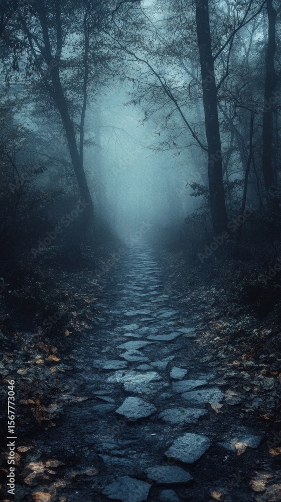 Obraz premium Misty forest with a stone path leading off into the distance, surrounded by tall trees. Suitable for book covers, movies and articles about nature and travel.