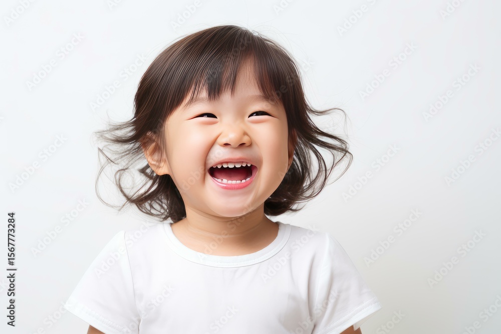 Portrait of cheerful young girl with open mouth, laughing against white background, wearing white t shirt Portrait of cheerful young girl with open mouth, laughing against white background, wearing white t shirt