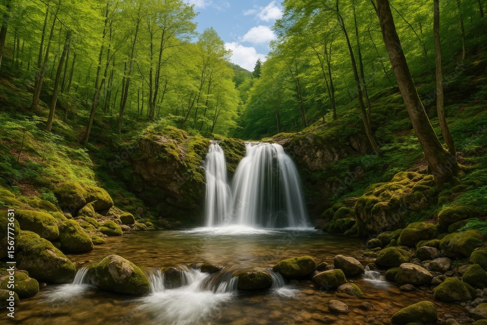 Secluded woodland waterfall in a Balkan national park setting Secluded woodland waterfall in a Balkan national park setting