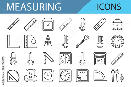 Collection of Measuring Tools Icons for Calculations, Weighing, and Engineering