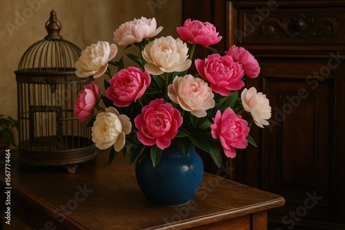 Spring peony arrangement in a blue vase with vintage decor elements