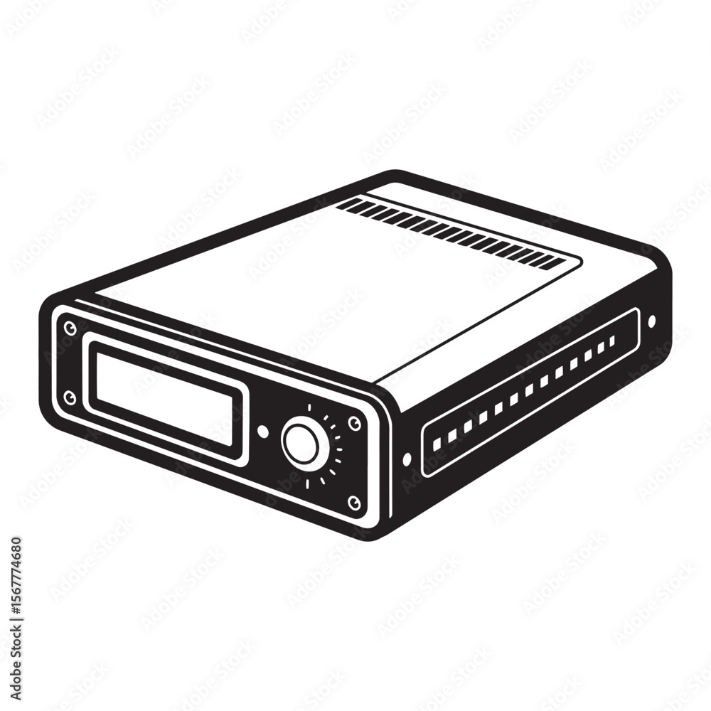 Fototapeta premium Black and white vector illustration of a modern electronic device with display and knobs