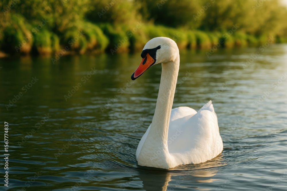 Beautiful swan gliding on a tiny river Beautiful swan gliding on a tiny river