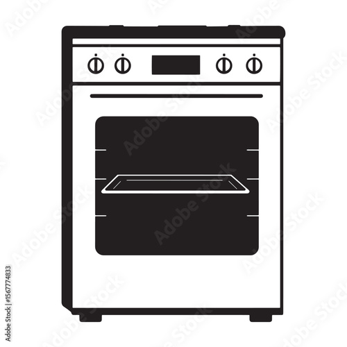 Black and white vector illustration of a modern oven and cooking appliance for kitchens