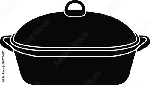Black and white illustration of a covered oval roasting pan