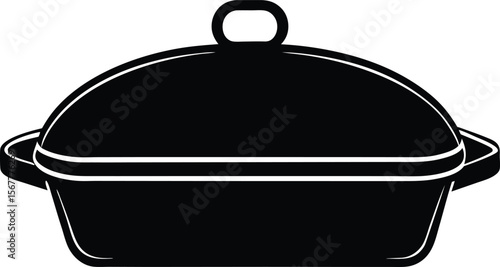Black and white illustration of a covered roasting pan