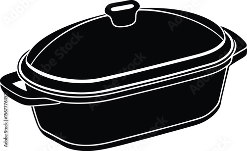 Black and white illustration oval covered casserole dish