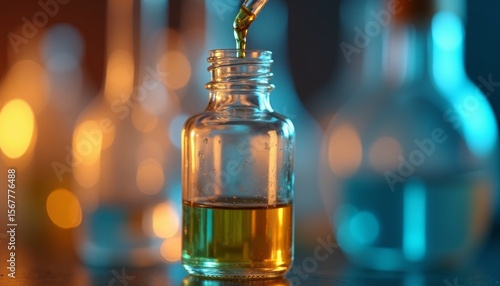 Glass Bottle with Oil and Pipette in Laboratory Setting