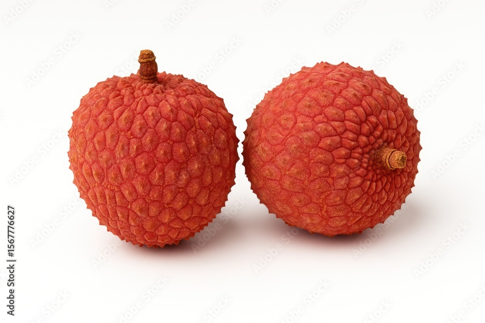 Two peeled lychee fruits displayed against a white backdrop Two peeled lychee fruits displayed against a white backdrop