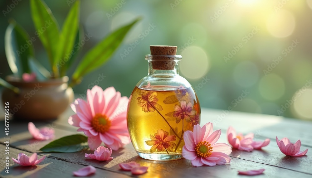 Aromatic Essence Bottle with Pink Flowers and Leaves Aromatic Essence Bottle with Pink Flowers and Leaves