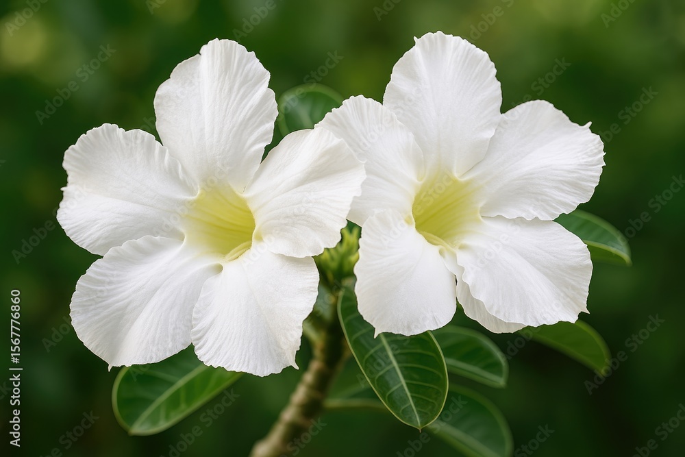 Beautiful white adenium blossoms with intricate petal details in a lush tropical garden Beautiful white adenium blossoms with intricate petal details in a lush tropical garden