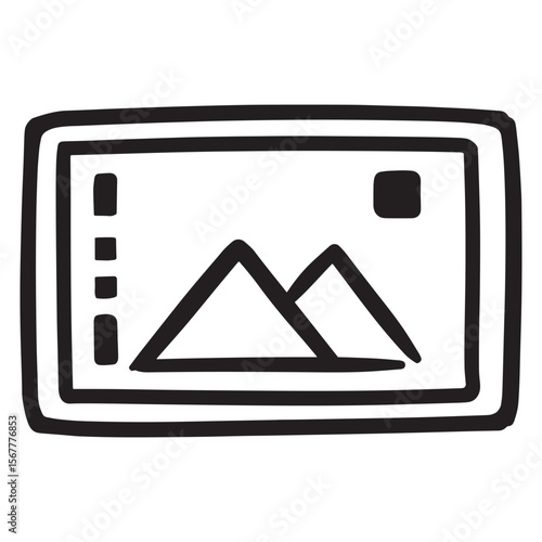 Hand drawn mountain landscape within a screen icon illustrating picture preview