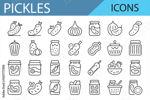 Set of Pickled Food Icons Including Vegetables, Spices, and Jars