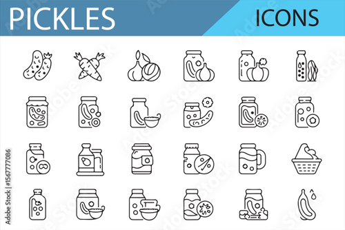 Set of Pickle Icons for Jars, Fermented Vegetables, and Spices