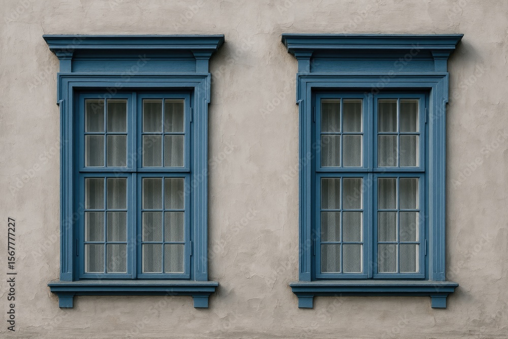 Fototapeta premium Vintage-style blue windows set against a weathered gray wall of an old building
