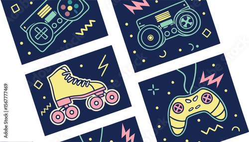 Playful gaming controllers and roller skate pattern evokes retro fun