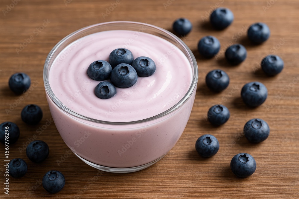 Creamy Blueberry Yogurt Served on a Wooden Surface Creamy Blueberry Yogurt Served on a Wooden Surface