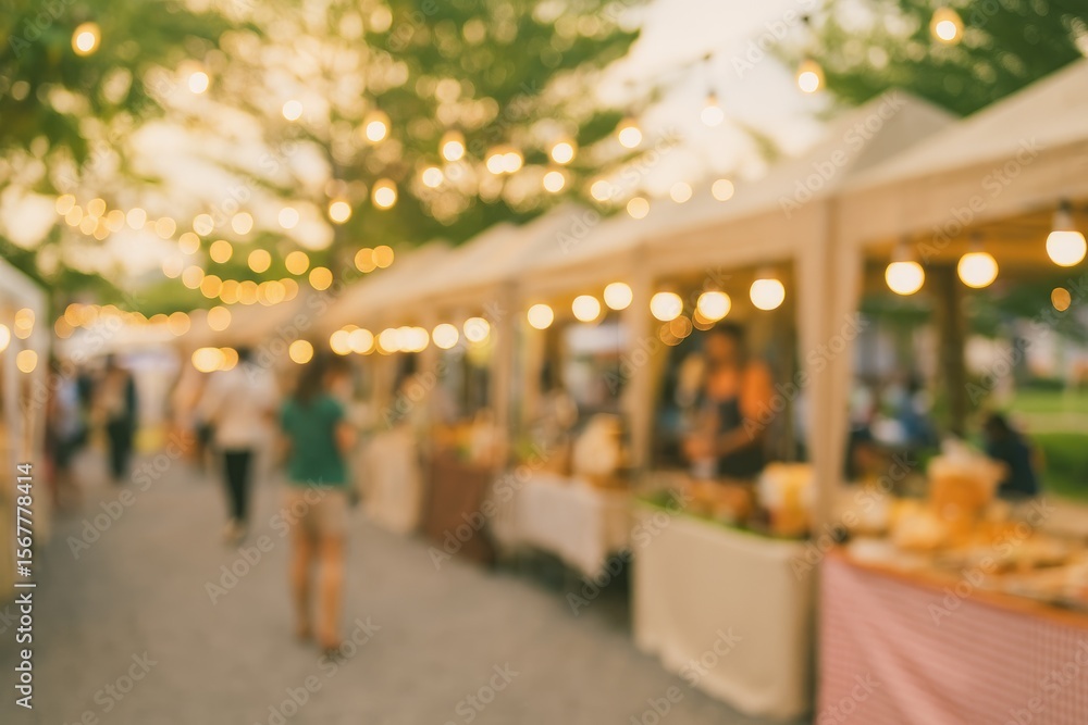 Obraz premium Nighttime festival scene with a blurred food stand backdrop