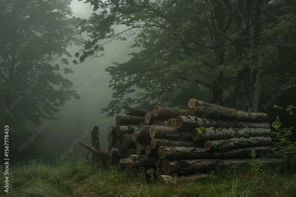 Fototapeta premium Stacked logs create a captivating scene amidst the ethereal beauty of a foggy forest