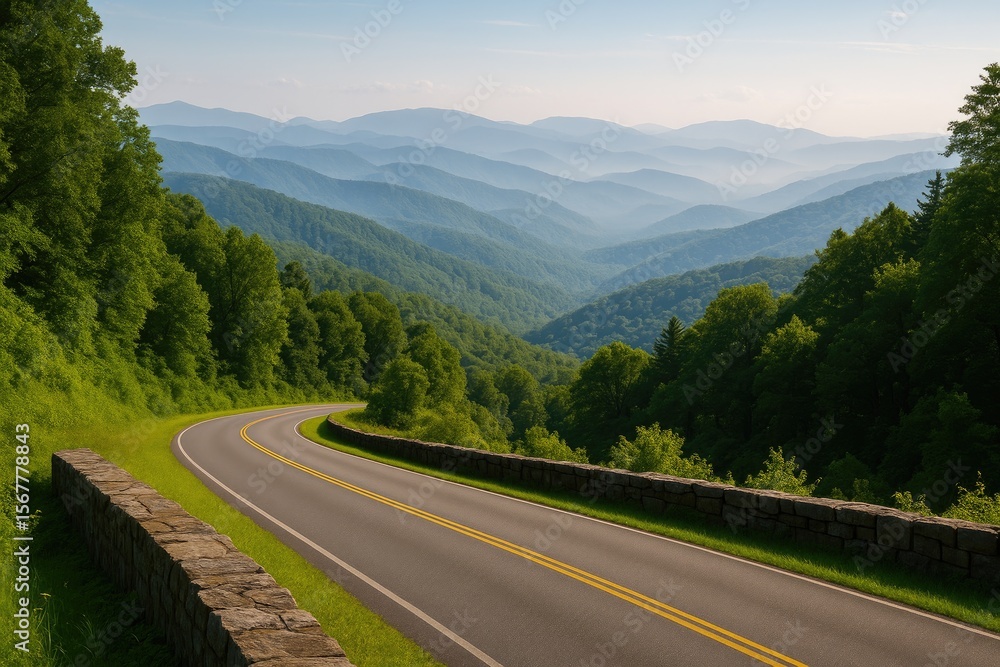 Fototapeta premium Summer scenery along a scenic mountain route and lush forested peaks