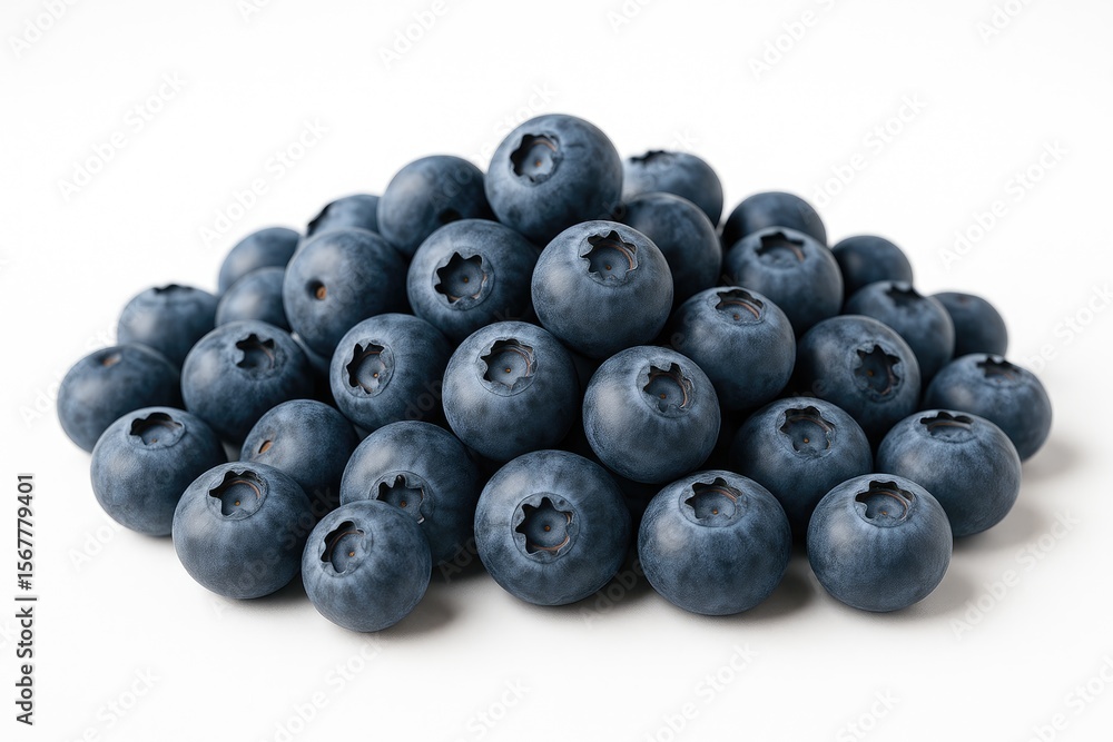 Fresh blueberries displayed on a plain white backdrop Fresh blueberries displayed on a plain white backdrop