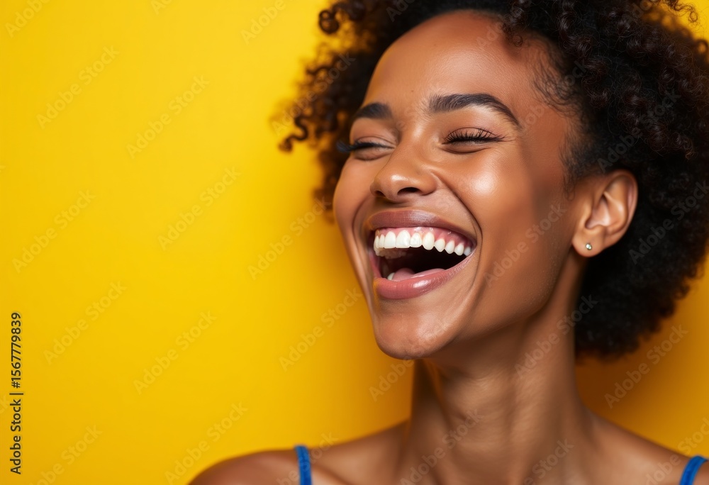 Joyful Woman Laughing Against Vibrant Yellow Background Joyful Woman Laughing Against Vibrant Yellow Background