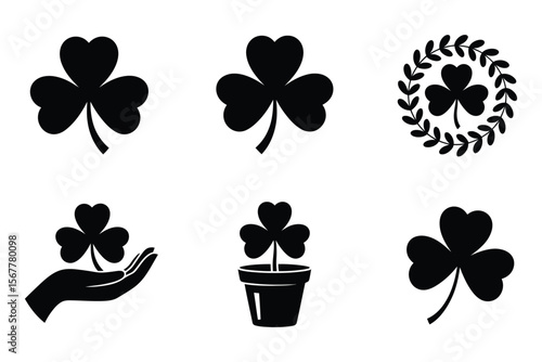 Black shamrock silhouette collection with three-leaf design