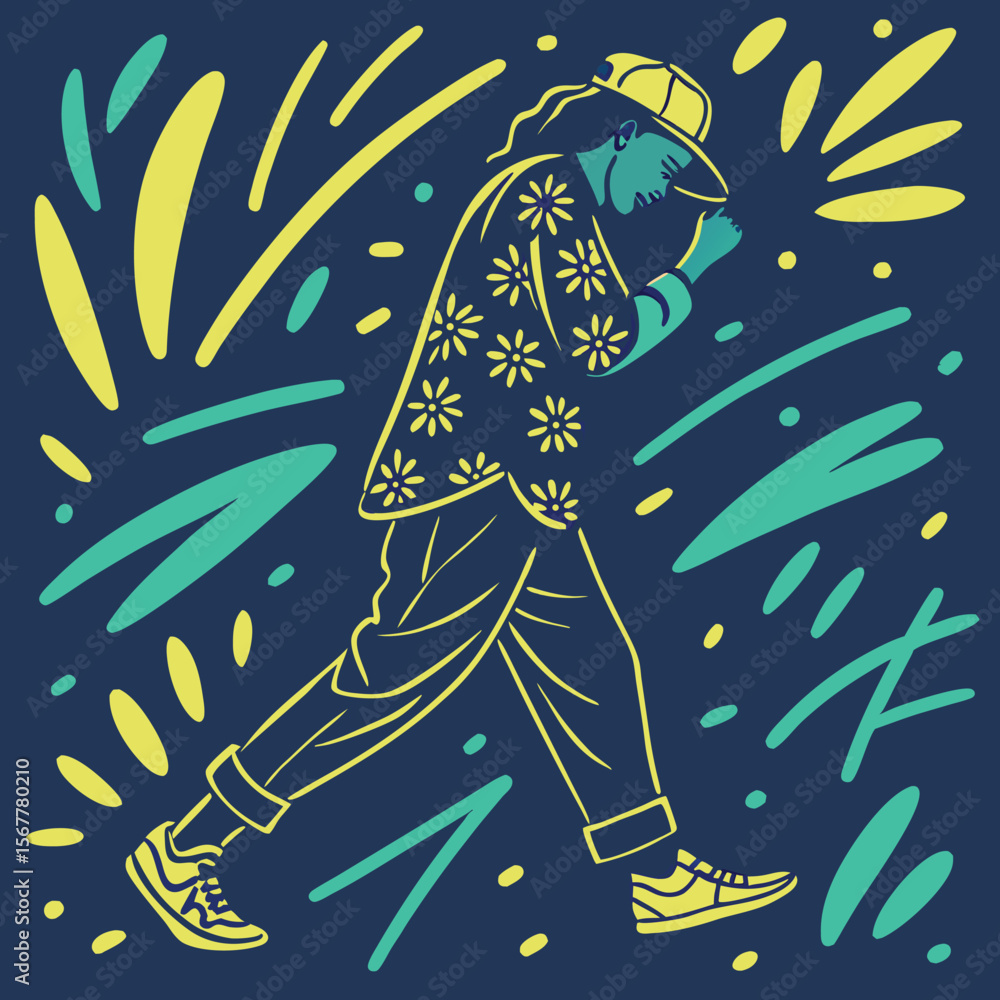 Fototapeta premium Fashionable person walking, a modern graphic element with a bold style and trendy street fashion vibe.