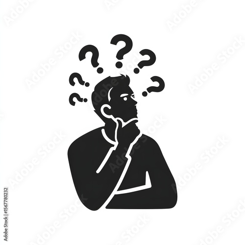Flat vector icon of a person thinking with question marks above the head, simple black silhouette on white background.