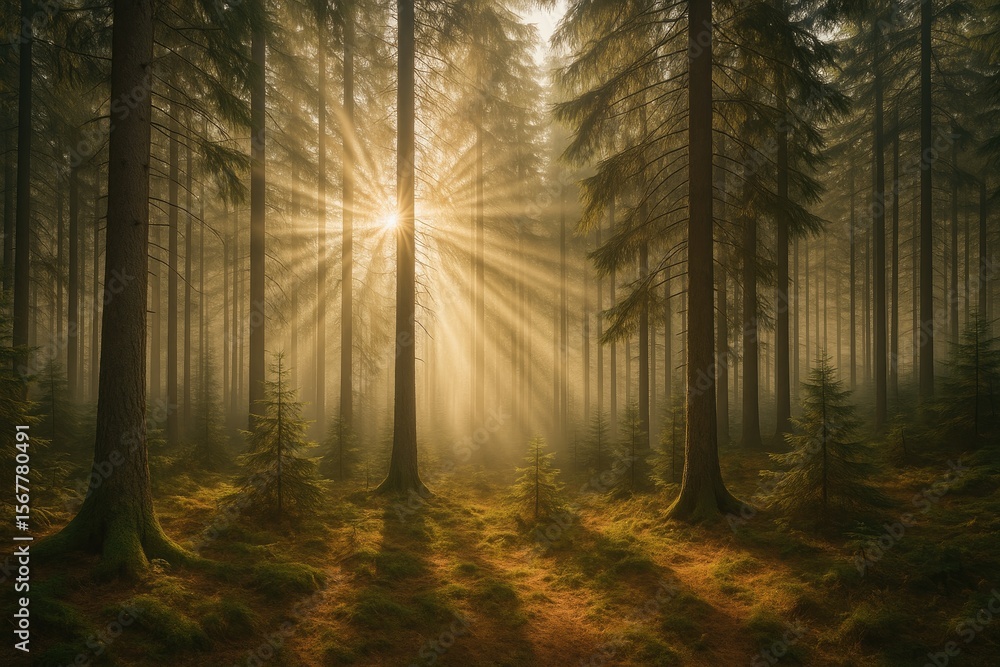 Fototapeta premium Sunlight filtering through a coniferous woodland