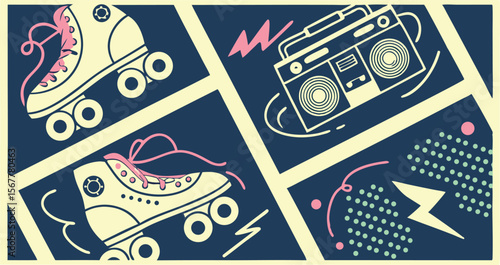 Retro roller skate and boombox design brings a playful eighties vibe
