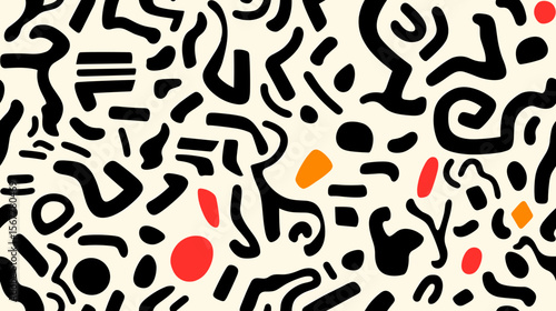 Abstract geometric shapes pattern in bold colors on cream background  