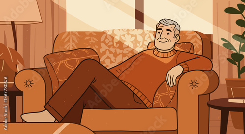 Elderly man relaxing on orange sofa in cozy living room  