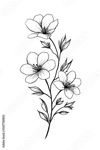 Hand-drawn illustration of jasmine flowers with delicate leaves  