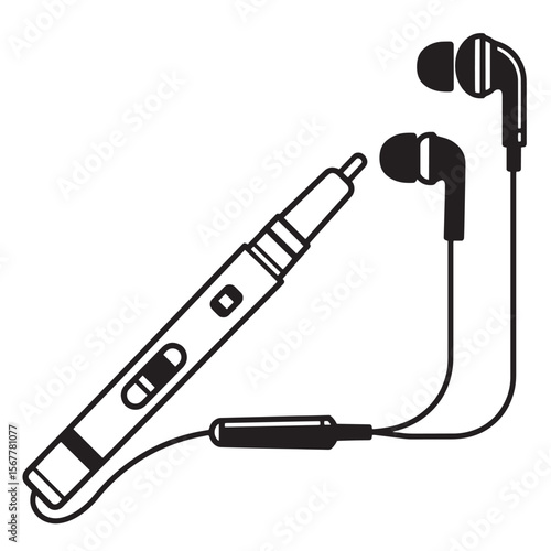 Simple black and white illustration of in-ear headphones and music player accessories