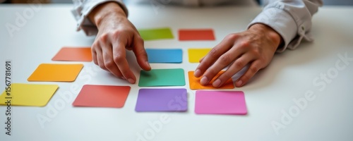 a minimalist shot of an executive's hands arranging color coded cards on a table, showing organization, clarity, and thoughtful decision making.