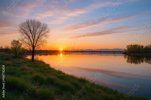 Fototapeta Naklejka Na Ścianę i Meble -  Dawn breaks over a serene lake amidst a wildlife refuge, casting gentle hues across the sky