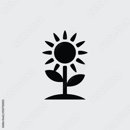 Simple Black Silhouette of a Sunflower Growing from the Ground on a Light Gray Background a Stylized Floral Icon Representing Growth and Nature