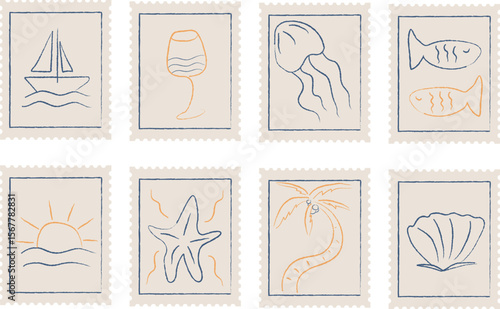 Minimal hand-drawn summer stamps set – beach vacation line icons