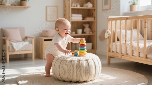 Adorable baby playing with colorful stacking toy in a cozy, sunlit nursery, showcasing early childhood development and playful learning .
