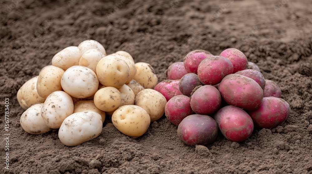 Freshly harvested potatoes in various colors arranged on soil Freshly harvested potatoes in various colors arranged on soil