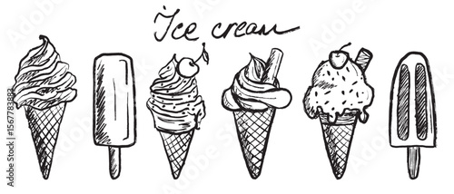 Ice cream scoops in waffle cone with cherry in black brush stroke texture isolated on white. Hand drawn vector sketch illustration in vintage charcoal ink. Popsicle, summer concept, menu design