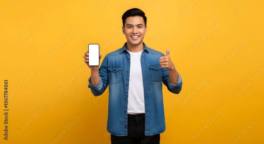 Happy Man Showing Blank Smartphone Screen with Thumbs Up Gesture Happy Man Showing Blank Smartphone Screen with Thumbs Up Gesture