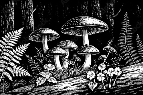 A cluster of wild mushrooms and forest plants, suitable for botanical prints, fairy-tale themes, or nature studies vector a black and white line art illustration